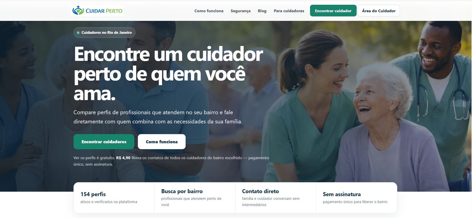 Página inicial da plataforma Cuidar Perto
